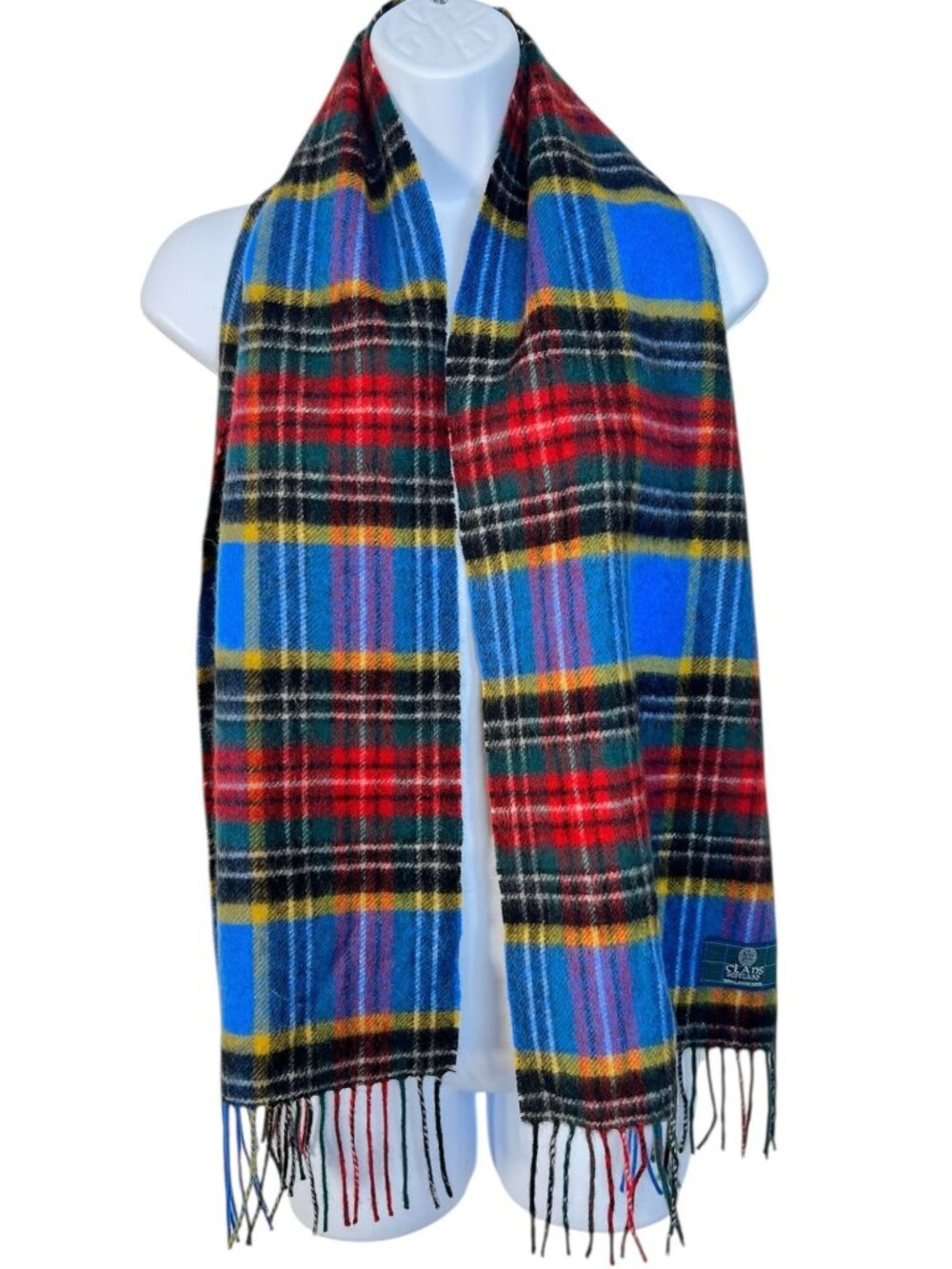 Clans Scotland Wool Plaid Scarf Re d Blue green Yellow Multicolor Fringe trim